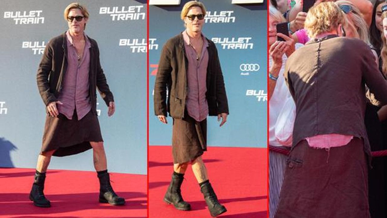 Brad Pitt'e bir haller oldu!. Film galasına etek giyip gitti