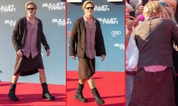 Brad Pitt'e bir haller oldu!. Film galasına etek giyip gitti