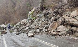 Ordu Ulubey'de heyelan nedeniyle düşen kayalar yolu kapattı