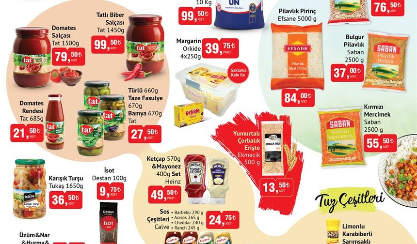 14 Mart 2023 kampanya listesinde ilk sayfasında dikkat çeken indirimli ürünleri sırasıyla şöyle; Tepe Diş Fırçası 49 TL. Tat 660 gr Türlü 27,50 TL. Serel 1000 gr Tahin 85 TL. Destan 100 gr İsot 9,75 TL. Tat 670 gr Bamya 27,50 TL. Sinangil 10 Kg Un 99,50 TL. Kaya 130 gr Tuzu 17,50 TL. Deniz 125 gr Tuzu 17,50 TL. Calve Sos Çeşitleri 24,75 TL. Tukaş Karışık Turşu 36,50 TL. Saban 2500 gr Nohut 76,50 TL. Tat 670 gr Taze Fasulye 27,50 TL. Persil 6,5 Kg Toz Deterjan 129 TL. Wellnax Desenli Wc Blok 12,50 TL. Vanish 1800 ml Leke Çıkarıcı 79 TL. Orkide 4×250 gr Margarin 39,75 TL. Efsane 5000 gr Pilavlık Pirinç 84 TL. Saban 2500 gr Bulgur Pilavlık 37 TL. Elseve 300 ml Saç Maskesi 67,50 TL. 