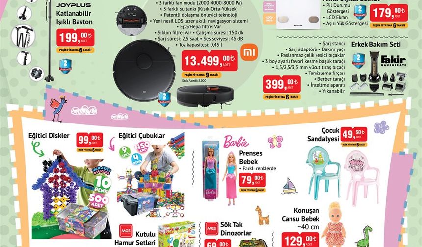  17 Mart 2023 kataloğunda 55 inç android TV, 65 inç UHD android LED TV, robot süpürge, akıllı dijital baskül, erkek bakım seti ve ışıklı baston gibi ürünler bulunuyor.