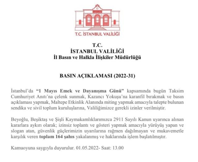 İstanbul Valiliği Açıklama