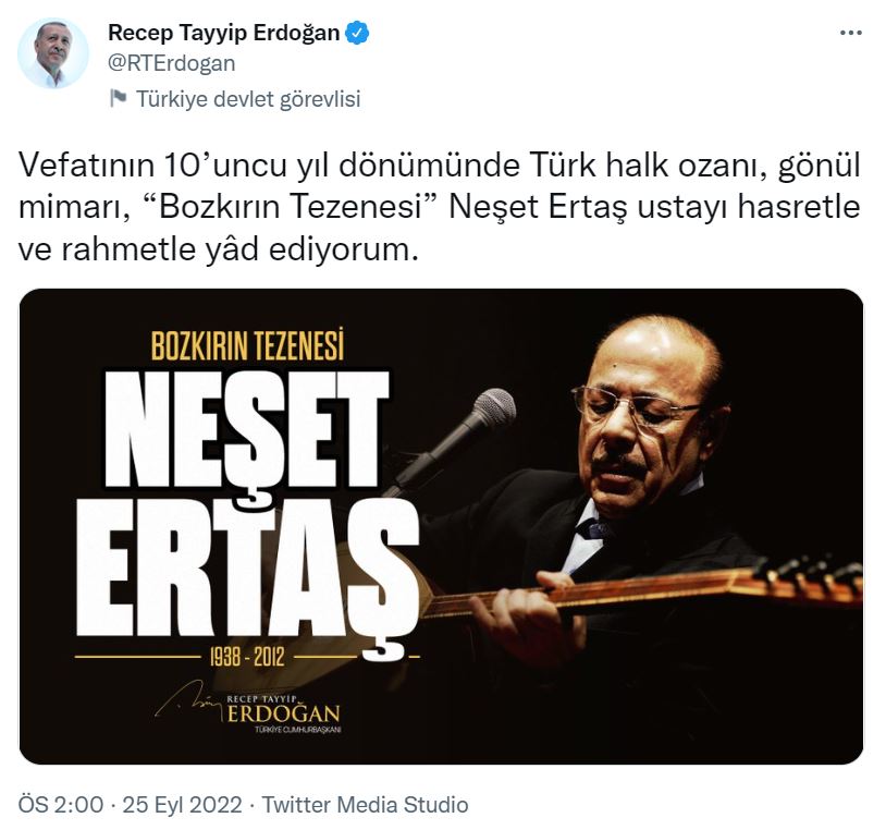Cumhurbaşkanı Erdoğan Neşet Ertaş Tweet