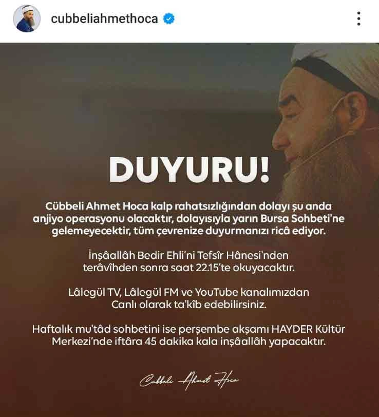 Cübbeli Ahmet Hoca Duyuru